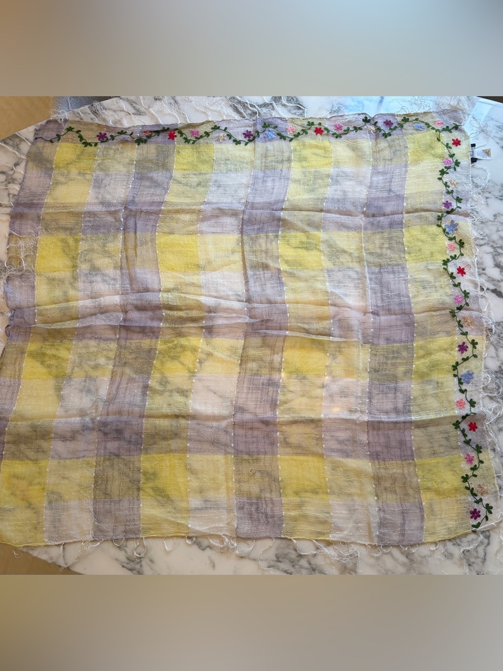 NWOT Chaudry KC Embroidered Plaid Cotton Scarf Shawl Wrap Fringe Made in India